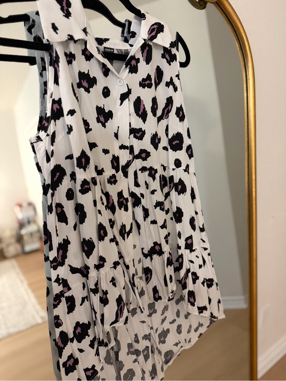 SHEIN White Sleeveless Button-Down Leopard Print Top with Black & Pink Accents